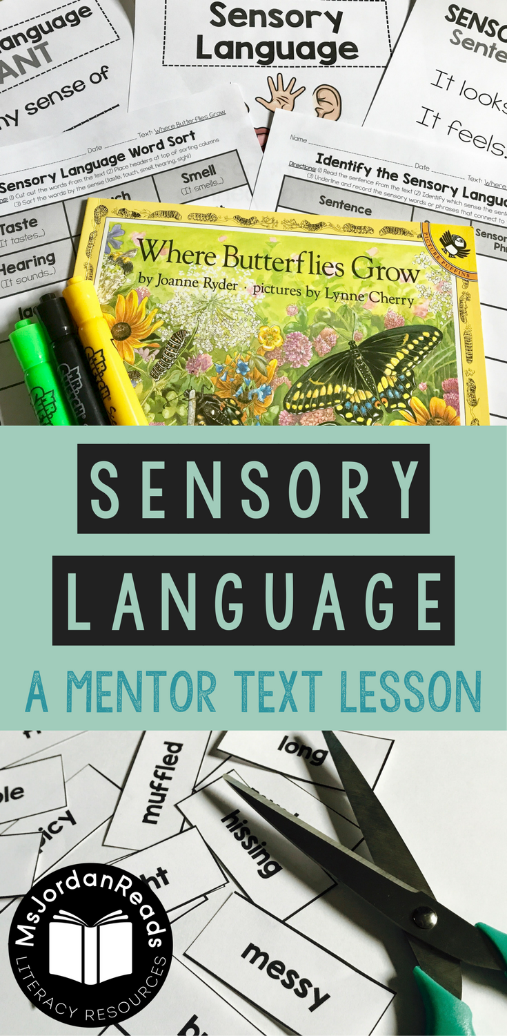 Teaching Sensory Language with Mentor Texts -- Where Butterflies Grow | A mentor text lesson with sensory language activities, anchor charts, guiding questions, and free printables for your literacy lesson