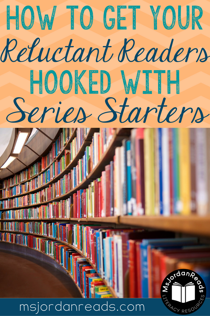 A blog post sharing a collection of series books to hook reluctant readers. The collection includes a variety of engaging books and novels to motivate young readers to fall in love with reading.