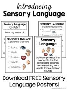 FREE Sensory Language Printable Posters | These posters are perfect for introducing sensory language and the skill of identifying sensory language to support comprehension while reading. Perfect for interactive notebooks, reading notebooks, bulletin boards, and anchor charts for guided reading.